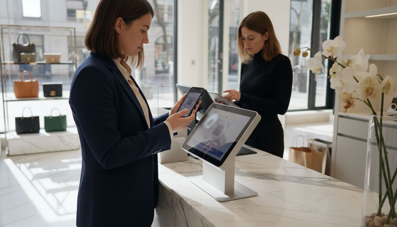 Customer using digital kiosk in luxury store