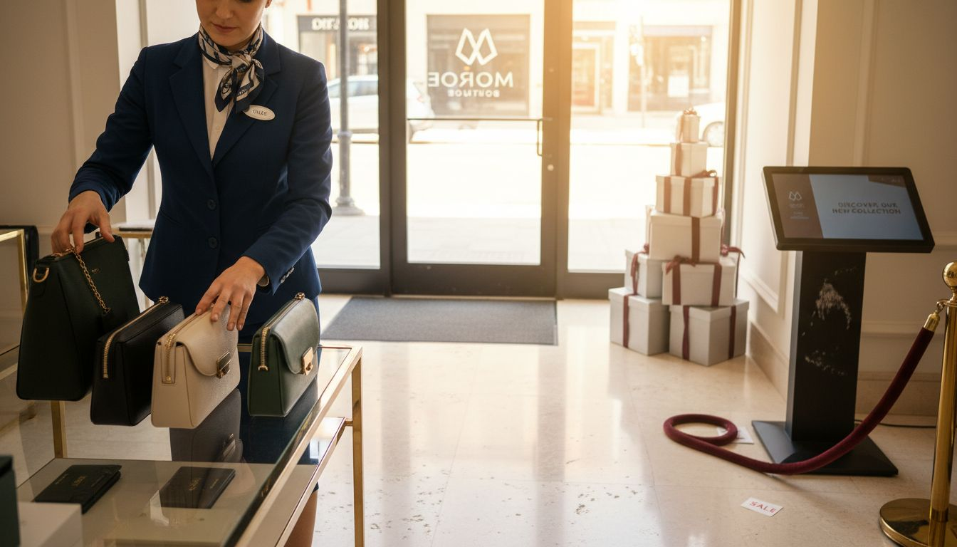 Premium Experience Curation: 40% Engagement Boost for Luxury Sales associate arranges boutique luxury handbags