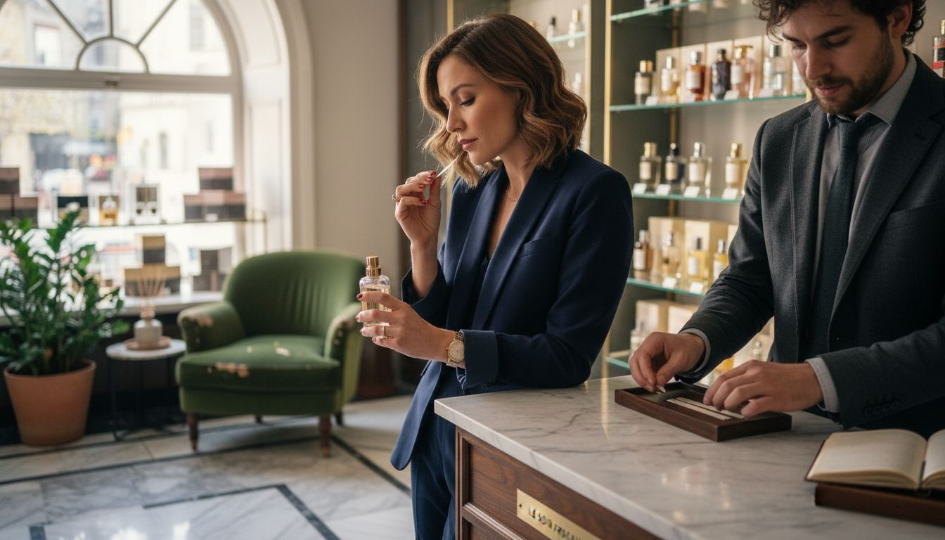 Customer sampling luxury product in boutique