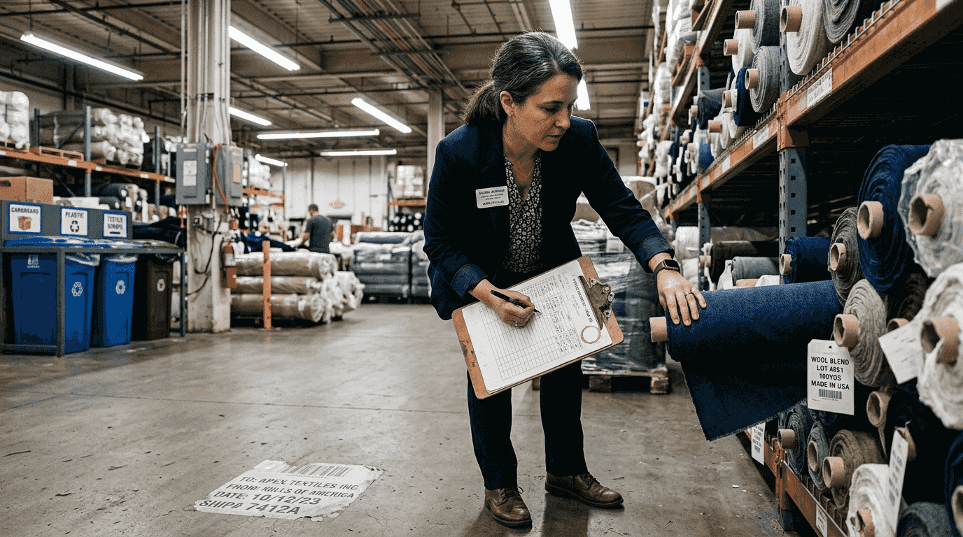Manager checking luxury textile supply stock