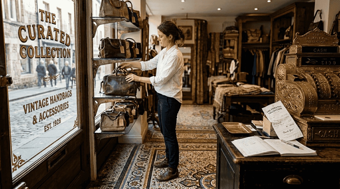 Salesperson arranging vintage luxury handbags