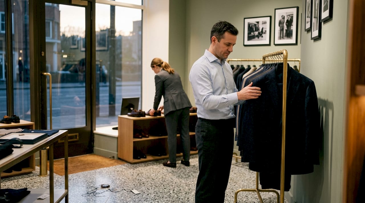Well-dressed man browsing premium fashion boutique