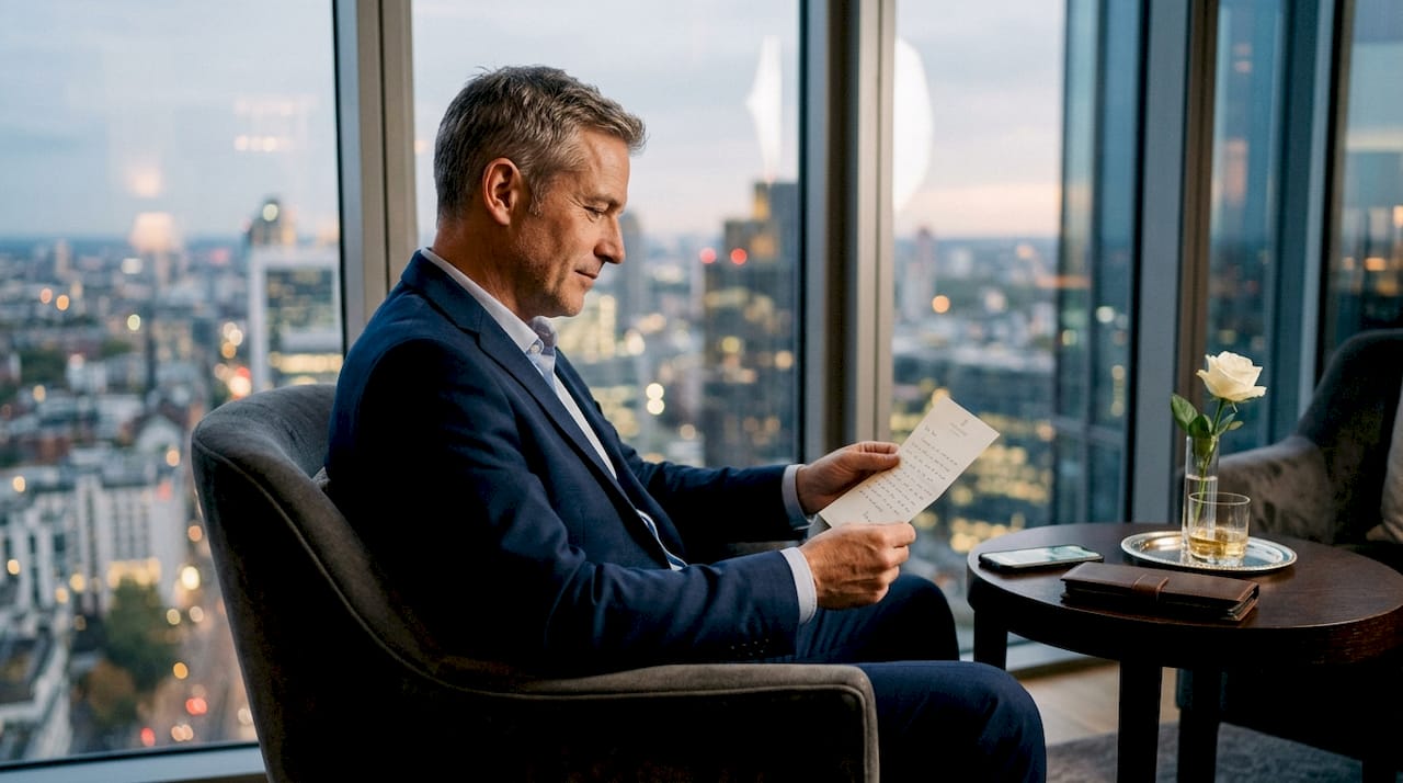 Hotel guest reading personalized note in lounge