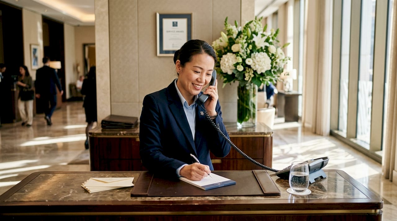 Concierge arranging guest service in luxury lobby