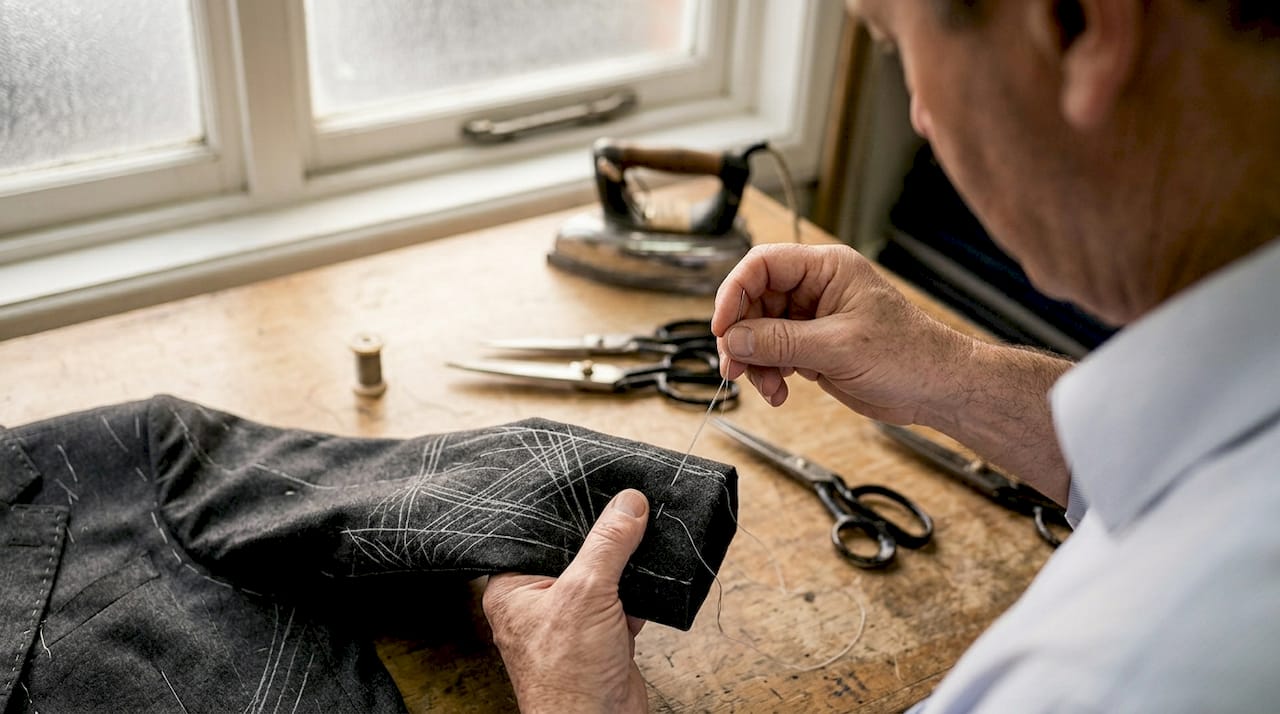 Tailor crafting luxury bespoke suit in workshop