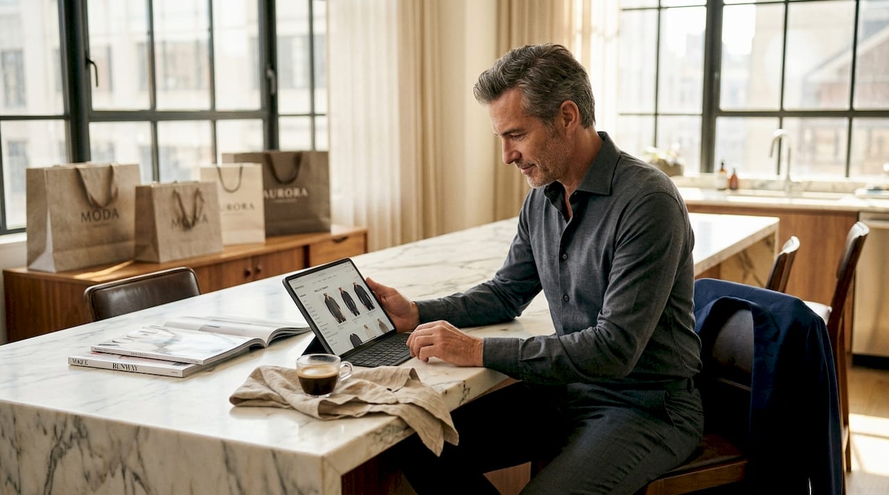 Customer shops luxury goods on tablet at home