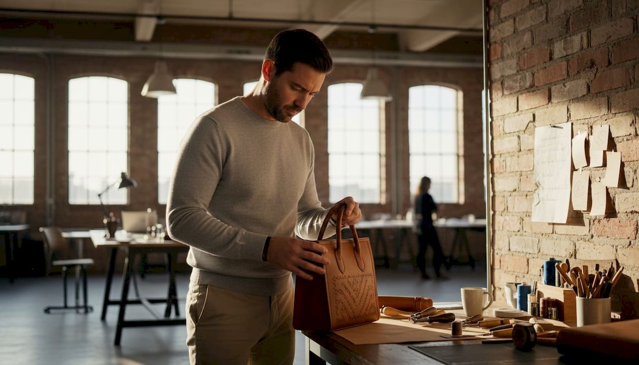 Designer checks stitching on luxury handbag