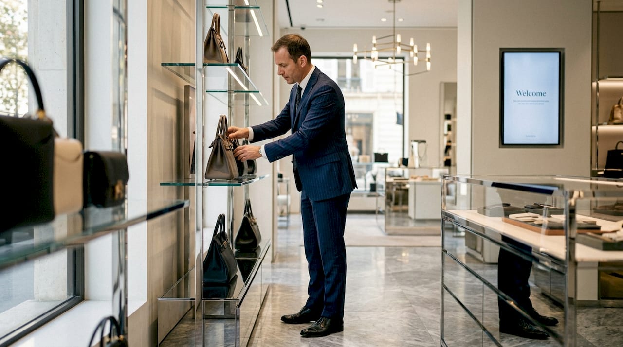 Sales associate organizing luxury boutique displays