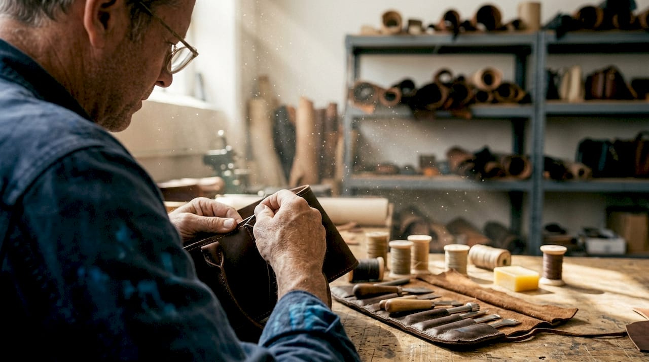 Artisan hand-stitching luxury leather handbag