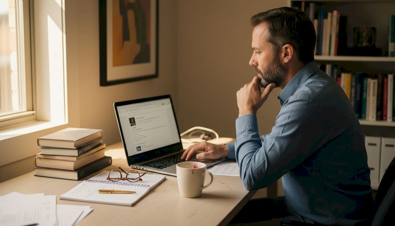 Executive updating LinkedIn in home office