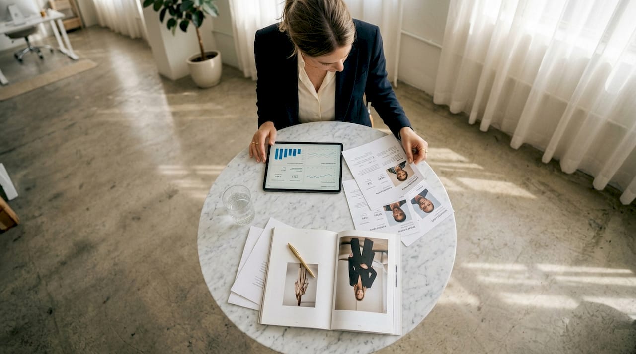 Brand manager reviews influencer analytics at desk