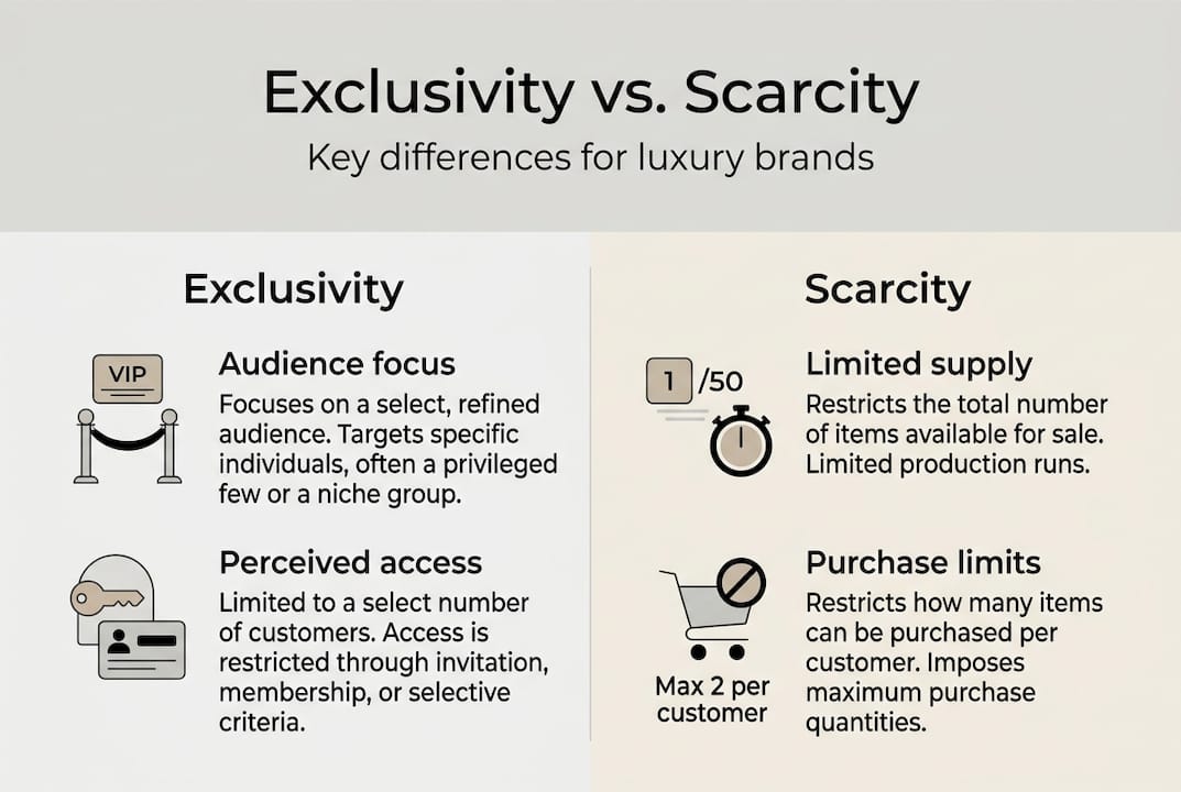 Exclusivity marketing: 4 strategies for luxury brands Infographic comparing exclusivity and scarcity in luxury brands