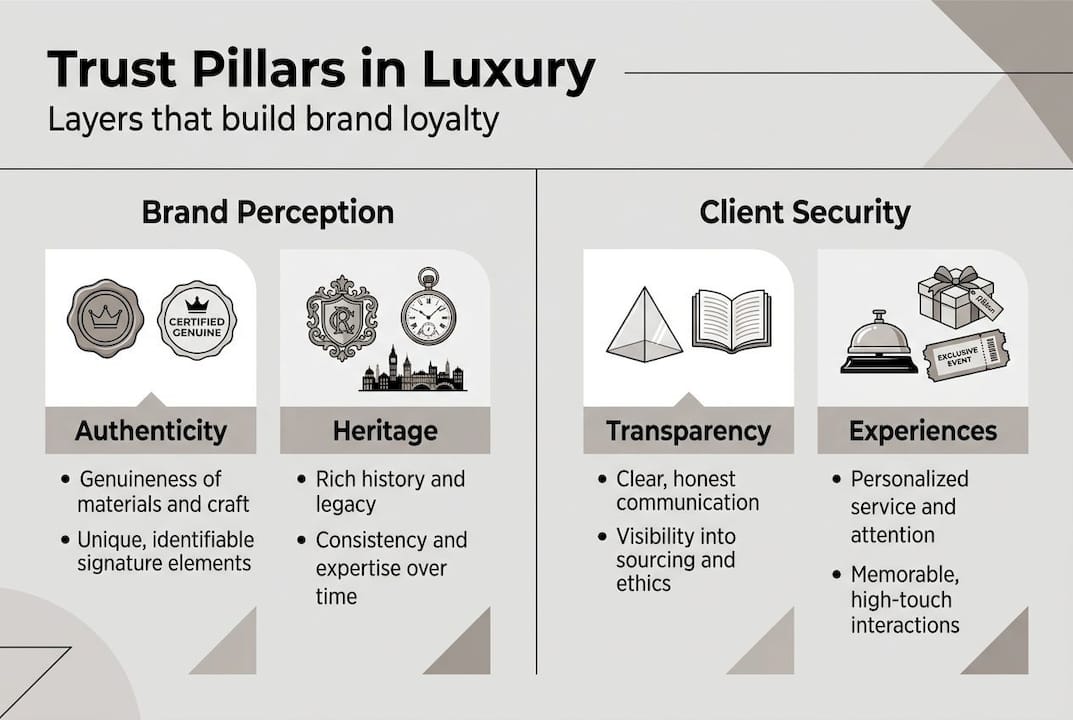 How trust drives premium brand loyalty in luxury markets Infographic showing trust pillars in luxury brands
