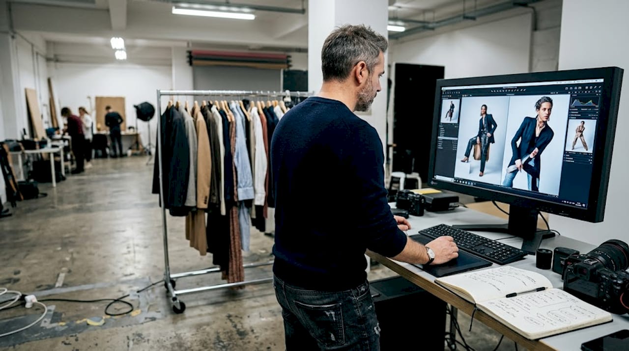 Creative director reviewing fashion photos on set