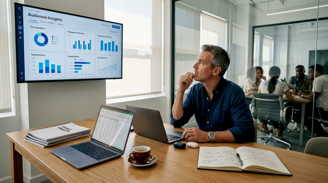 Team reviewing AI marketing analytics workspace