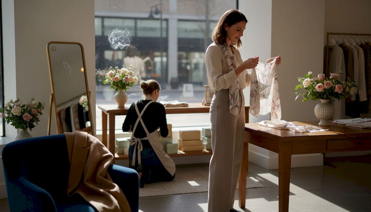 Customer browsing silk scarf at luxury boutique