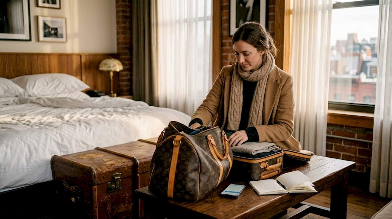 Traveler unpacking Louis Vuitton suitcase in hotel
