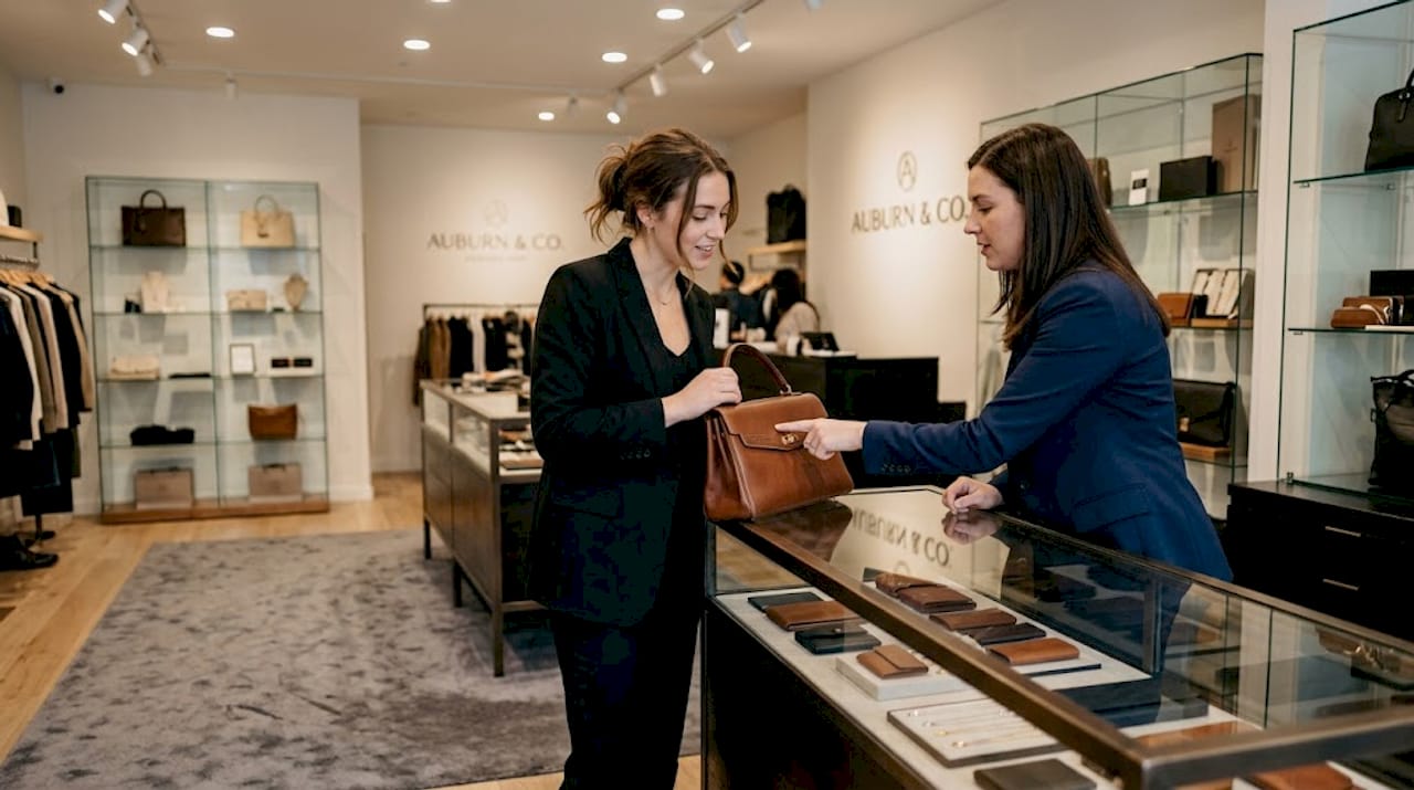 Shopper examines luxury handbag with associate