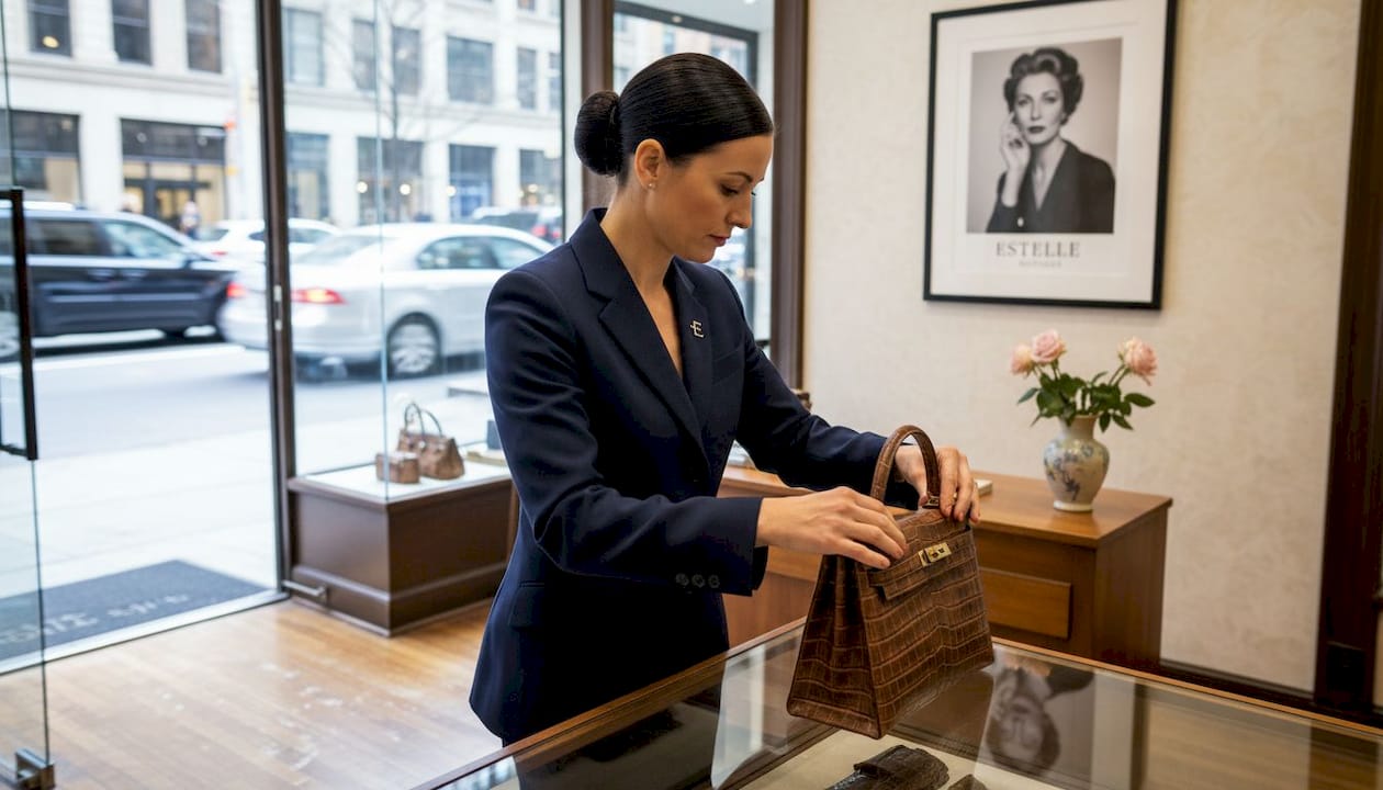 Store manager arranges vintage fashion brand display