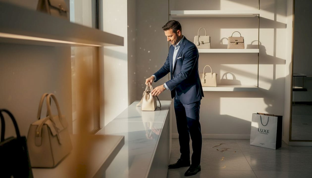 Sales associate organizes exclusive handbags