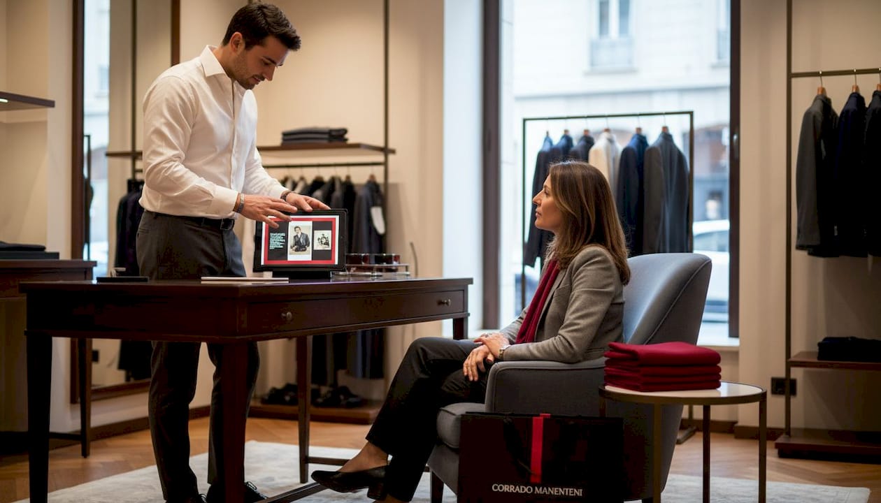 Boutique associate showing client digital lookbook