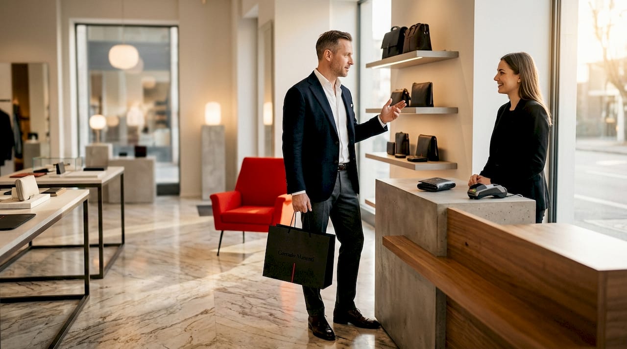 Customer chatting in luxury store setting