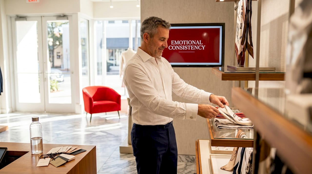 Boutique employee arranging merchandise and signage