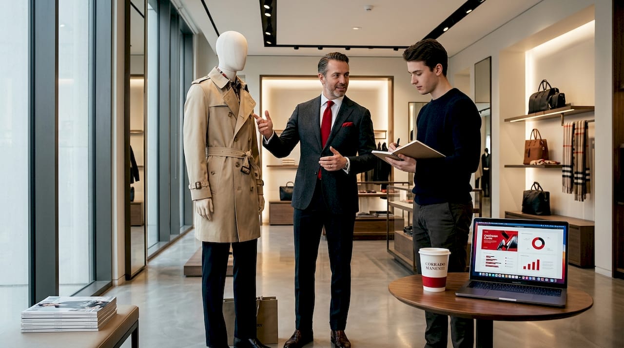 Team discussing Burberry campaign in retail showroom