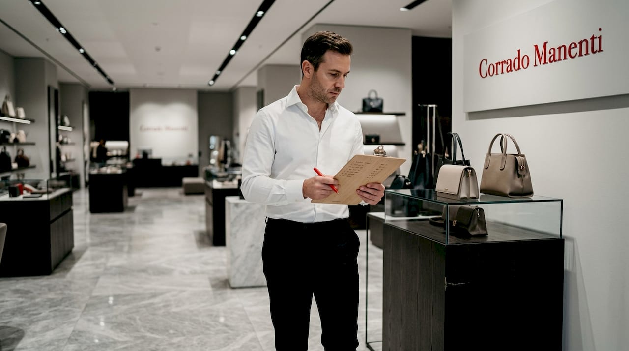 Luxury retail manager inspecting store inventory