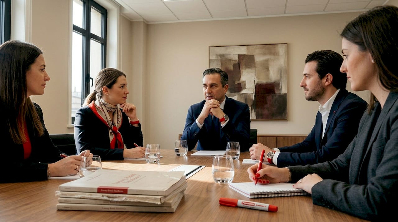 Luxury retail staff collaborating in meeting room
