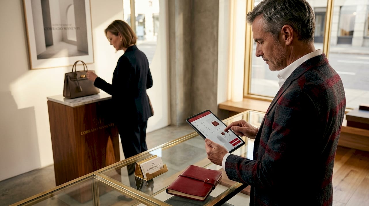 Retail associate uses tablet for luxury AI service