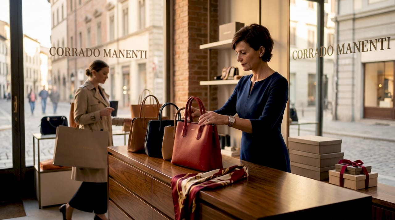 Store director arranges luxury handbag display