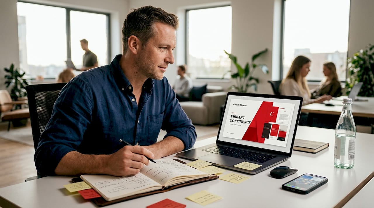Professional reviewing branding materials on laptop