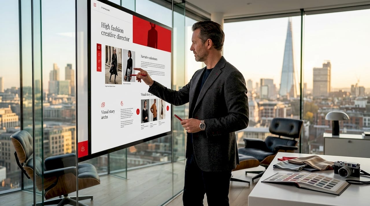 Digital Storytelling in Fashion: A 2026 Brand Guide Creative director reviewing luxury fashion story arc