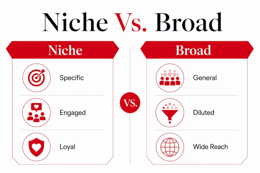 What Is Niche Market Targeting? A 2026 Strategy Guide Infographic contrasting niche and broad marketing strategies