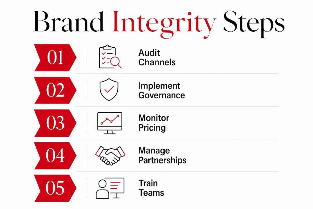Why Maintain Brand Integrity in Luxury Markets Infographic showing brand integrity management steps