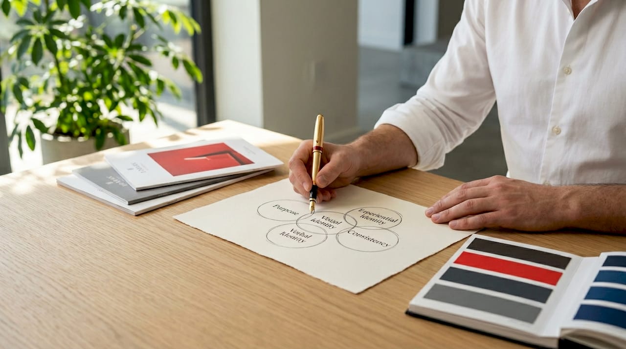 Why Identity Matters in Luxury Brand Marketing Designer sketching five pillars of brand identity