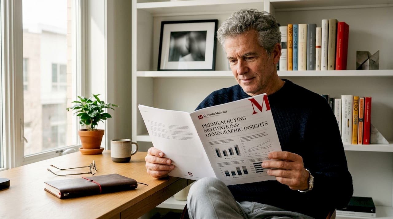 Older man reviewing premium purchase demographic report at home