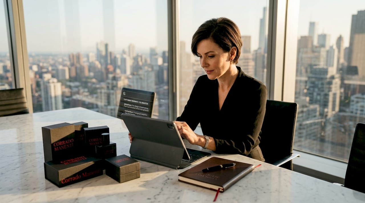 Marketing manager reviewing luxury customer feedback