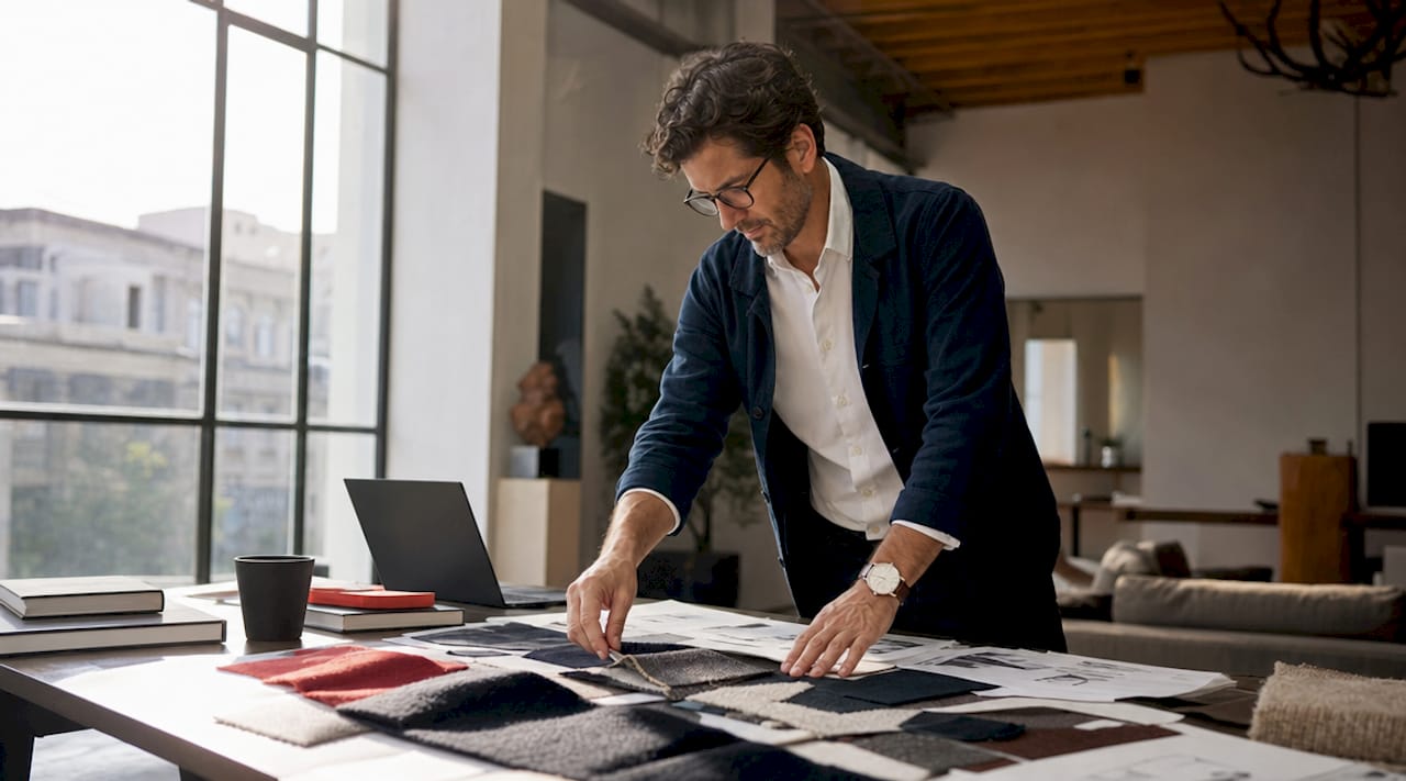 Creating Emotional Brand Connections in Luxury Marketing Hands arranging fabric and storyboard in design studio