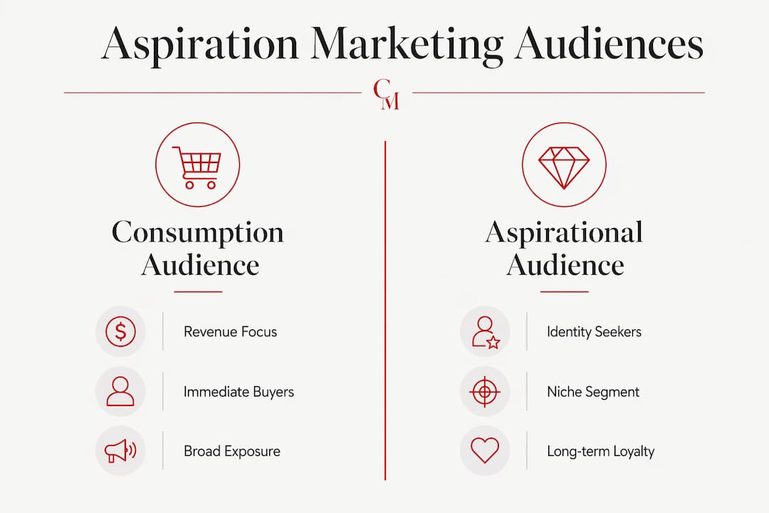 What Is Aspiration Marketing for Luxury Brands Infographic comparing consumption and aspirational audiences