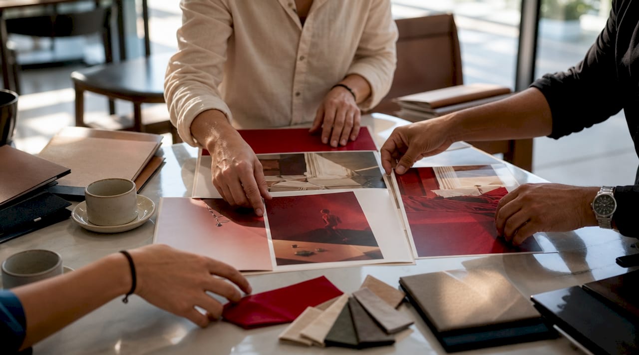Creating a Brand Story for Fashion and Luxury Brands Hands organizing brand storyboards collaboratively
