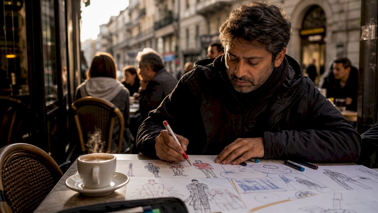 Man sketching storytelling characters and arcs at home desk