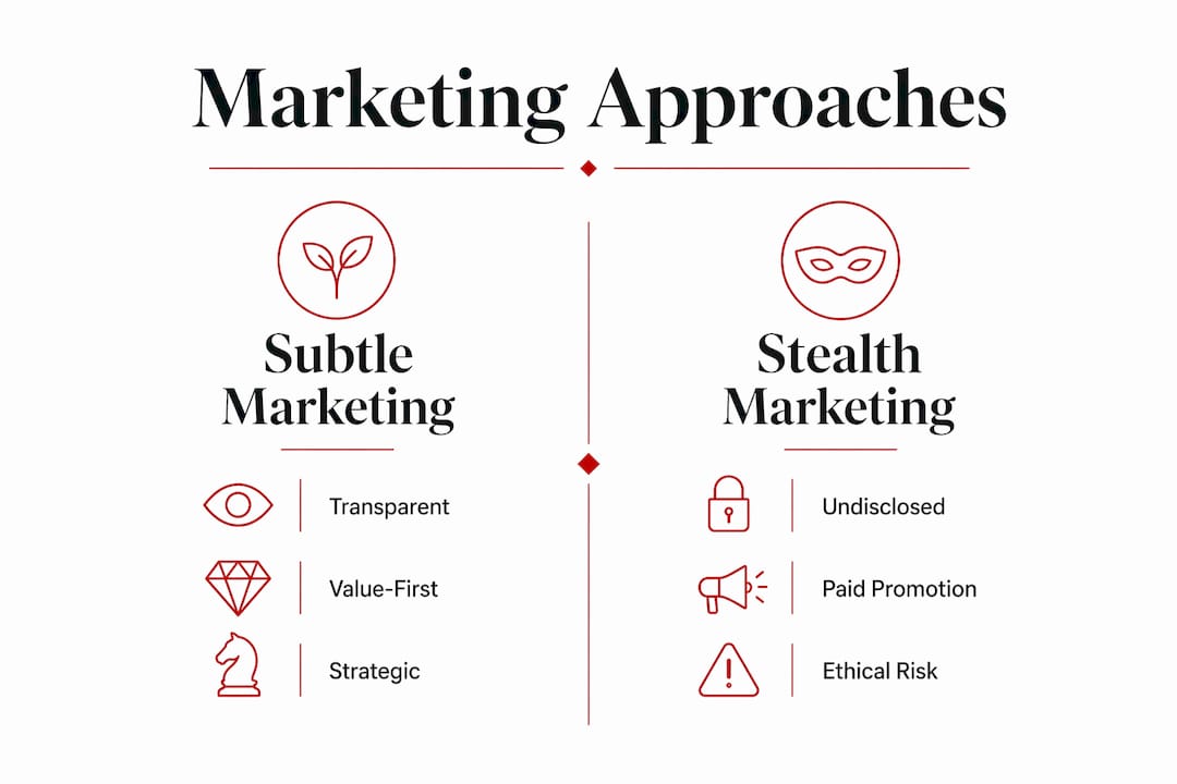 What Is Subtle Marketing? A Guide for Professionals Comparison infographic of subtle vs stealth marketing