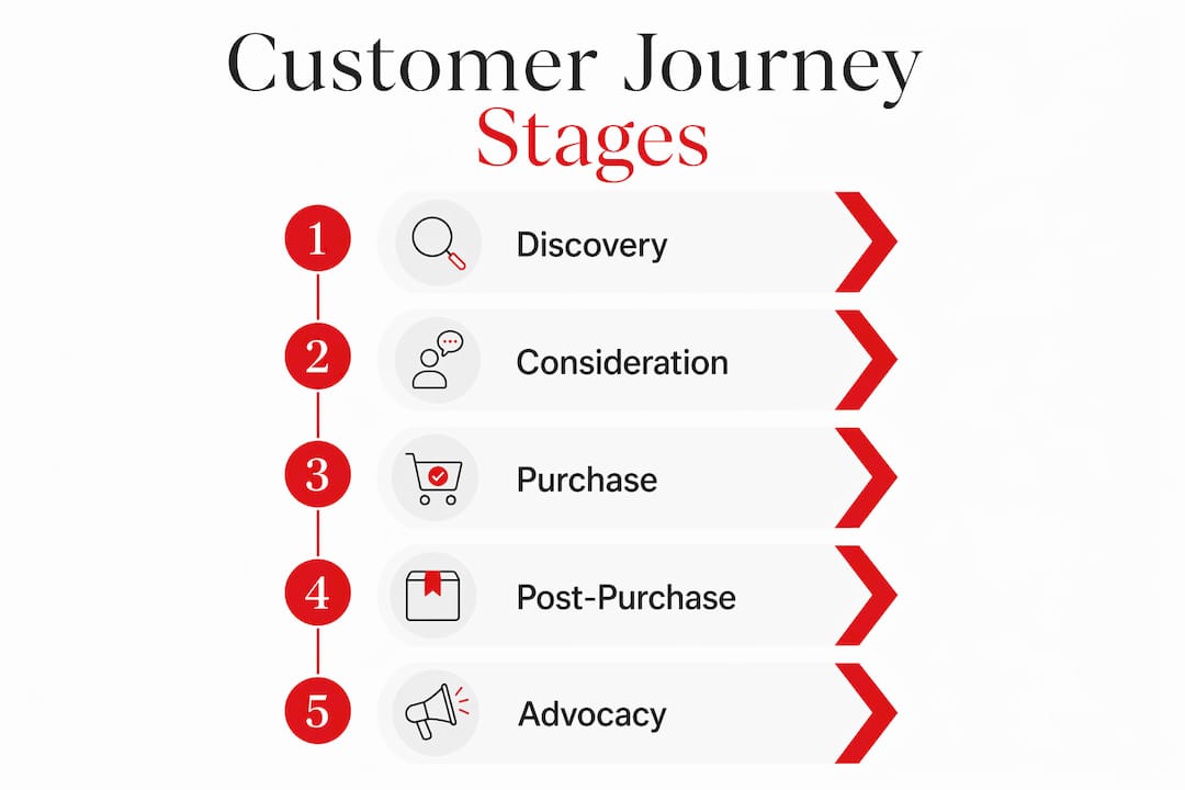 Fashion Customer Journey Mapping: A 2026 Strategy Guide Infographic showing five stages of fashion customer journey