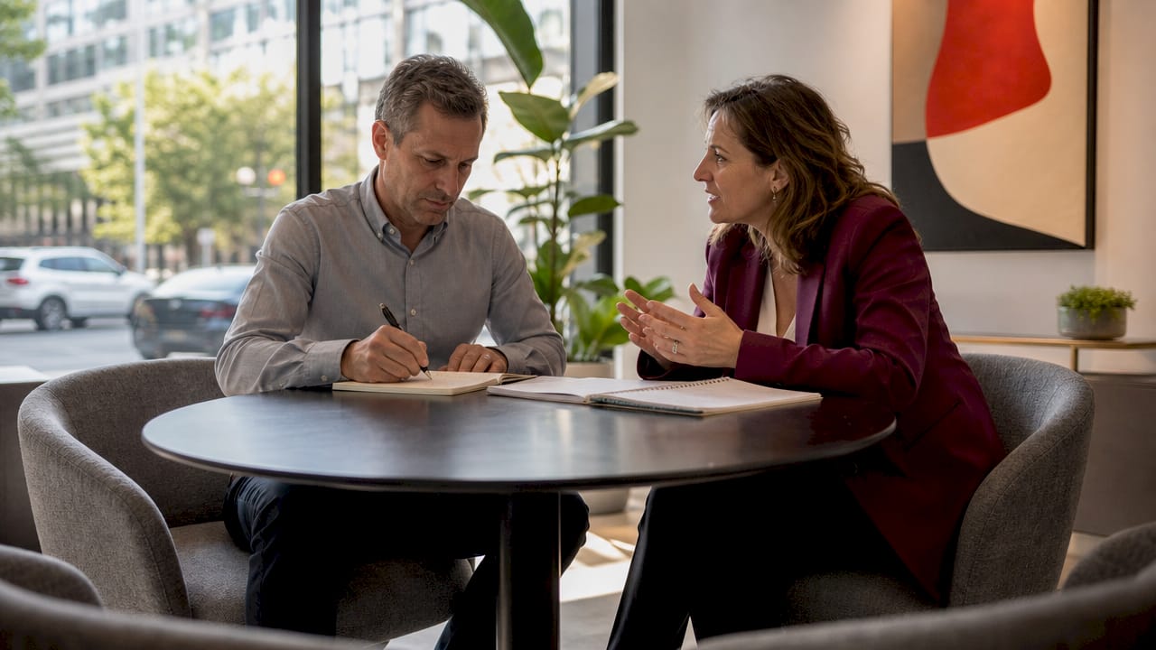 Two marketers discussing storytelling strategies