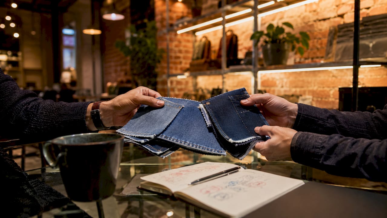 Hands exchanging denim swatches in office
