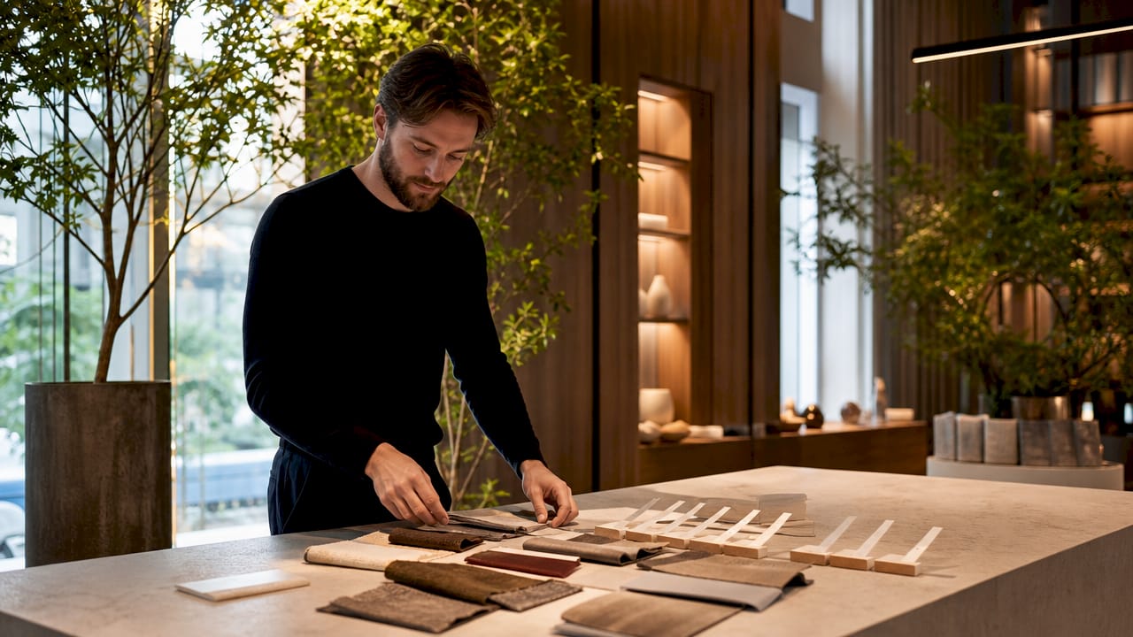 Consultant arranging sensory materials for showroom