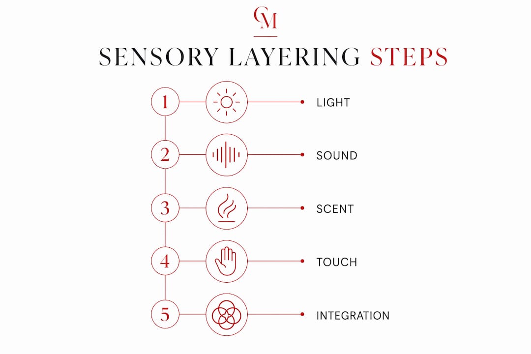 Infographic outlining sensory layering steps in showrooms