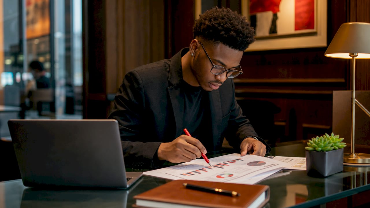 Data analyst reviewing luxury client charts